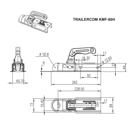 Детальное изображение товара - Замковое сцепное устройство TRAILERCOM 01029 KMF-60H (60x60мм, до 800кг)