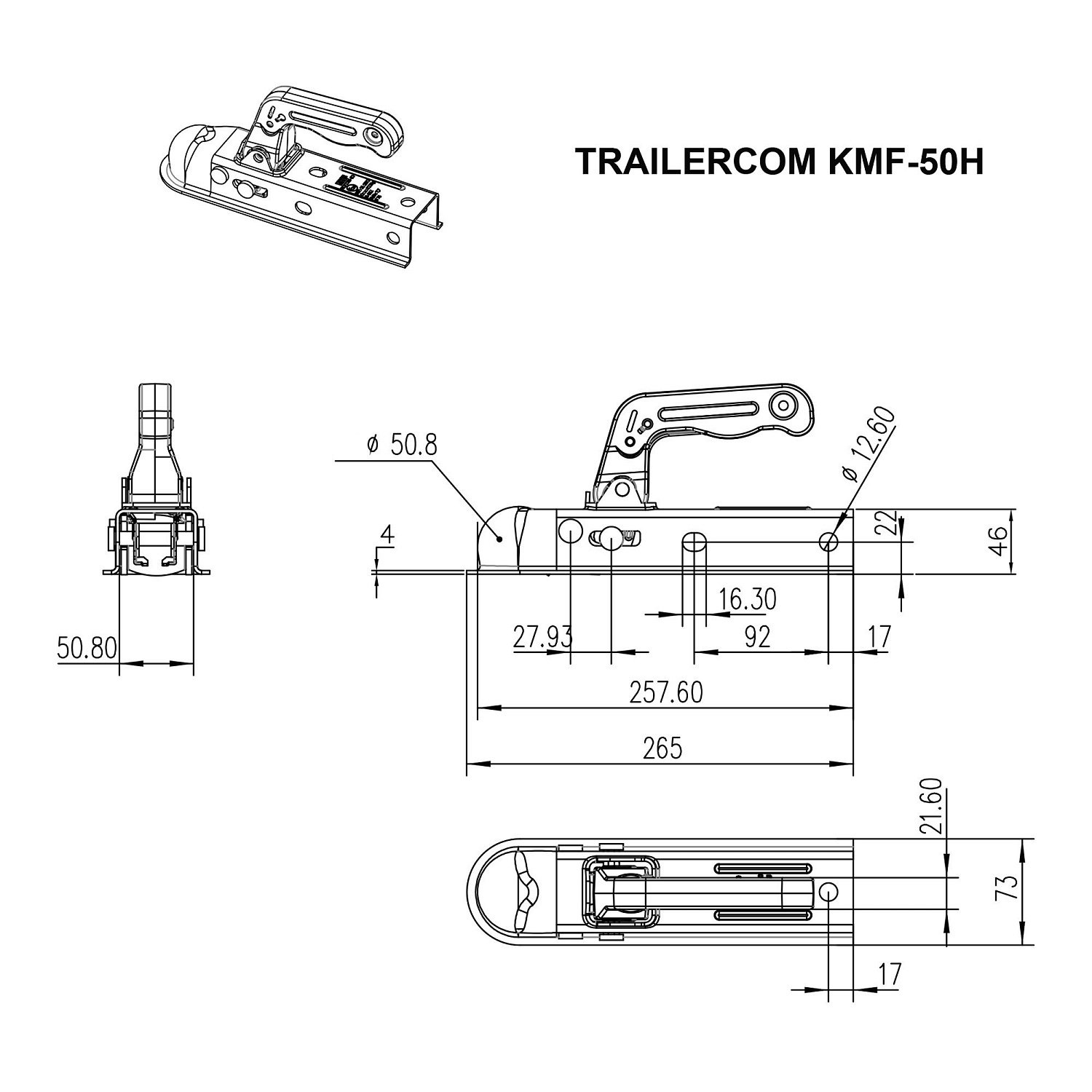 Замковое сцепное устройство TRAILERCOM 01028 KMF-50H (50x50мм, до 800кг)