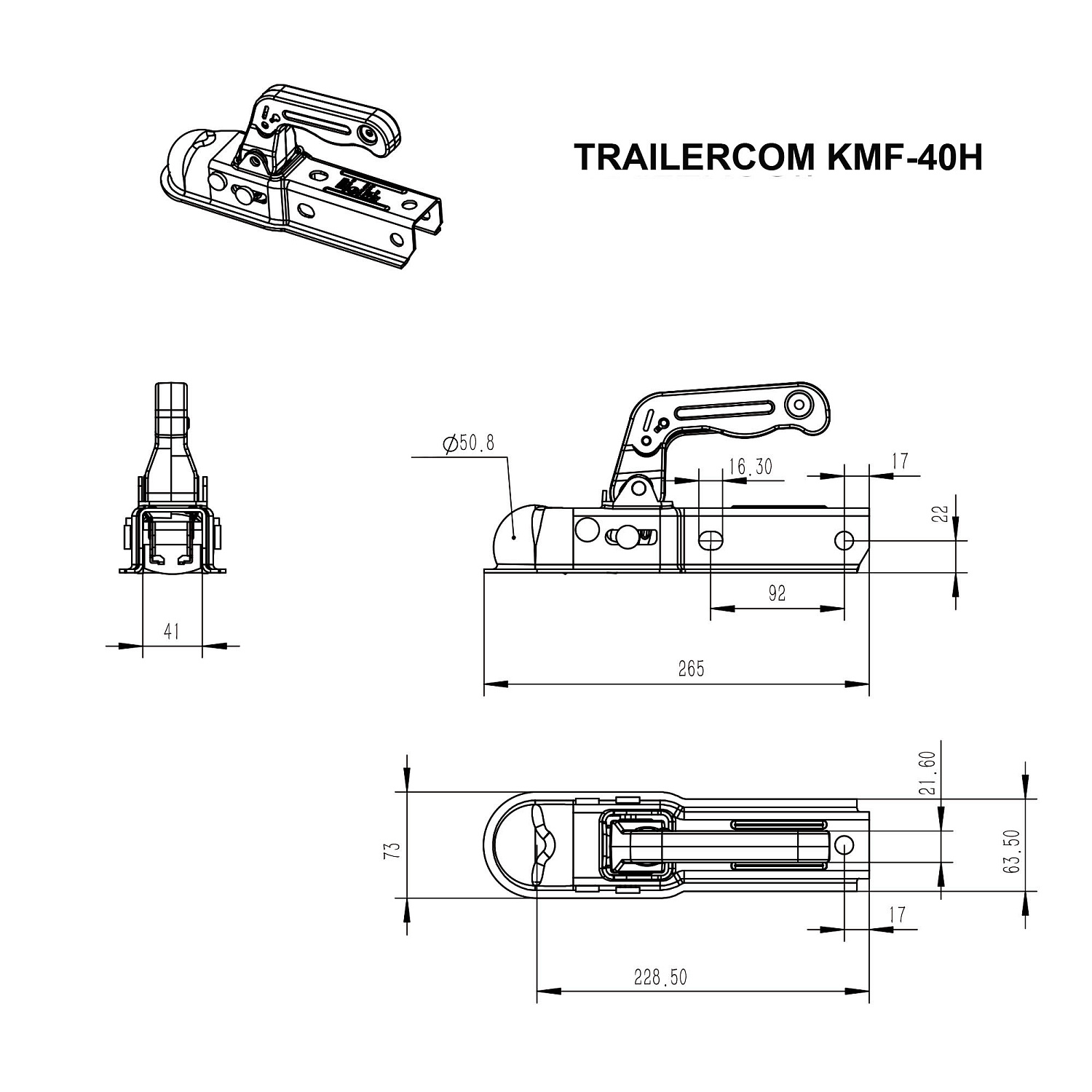 Замковое сцепное устройство TRAILERCOM 01027 KMF-40H (40x40мм, до 800кг)