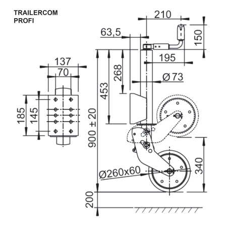Детальное изображение товара - Опорное колесо Ø73мм TRAILERCOM PROFI (г/п до 800кг)